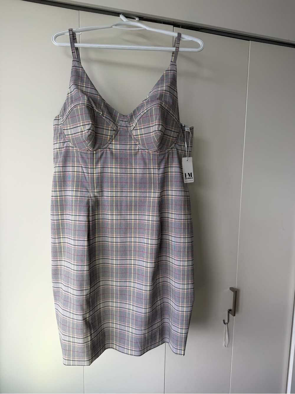 NWT Plaid Bustier Chemise Dress in Grey with Pink Accents 1x
